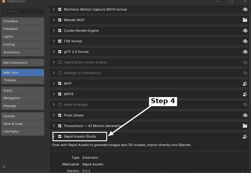 Blender add-ons list showing Rapid Assets Studio enabled with its description