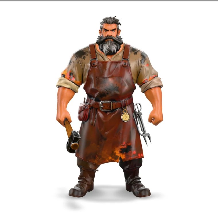 AI-generated 3D master blacksmith character holding a hammer and wearing a leather apron, text-to-3D for Blender