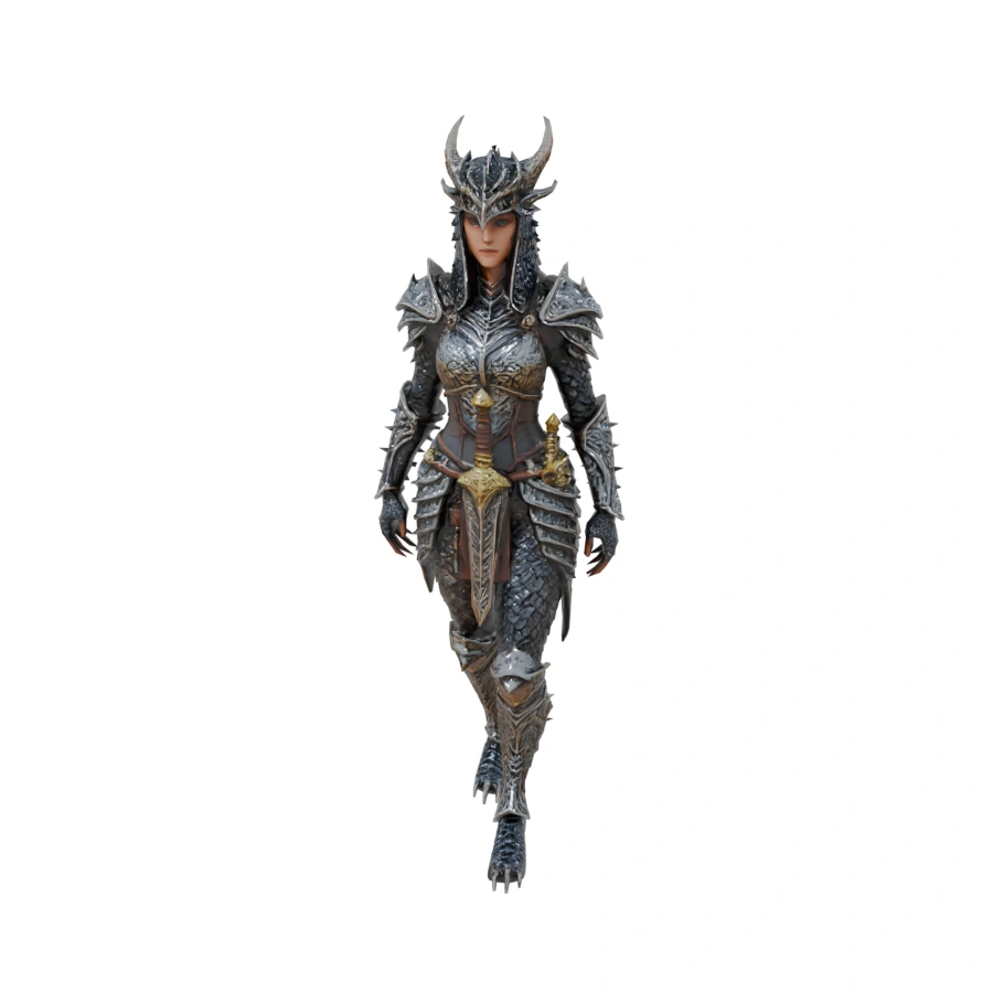 AI-generated 3D dragon knight armored female warrior character, text-to-3D for Blender