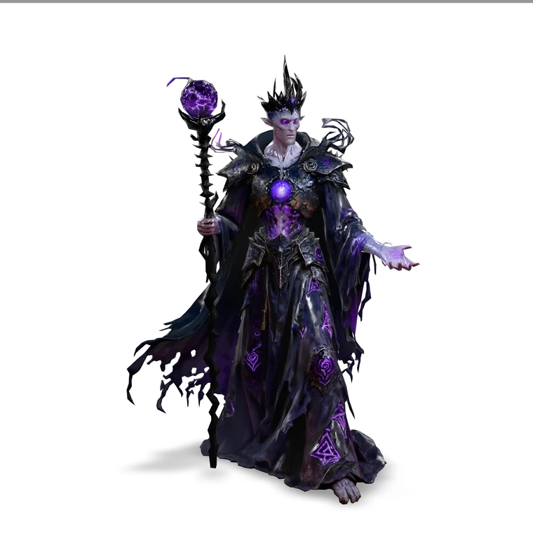 AI-generated 3D crowned void sorceress holding a purple crystal staff, text-to-3D for Blender
