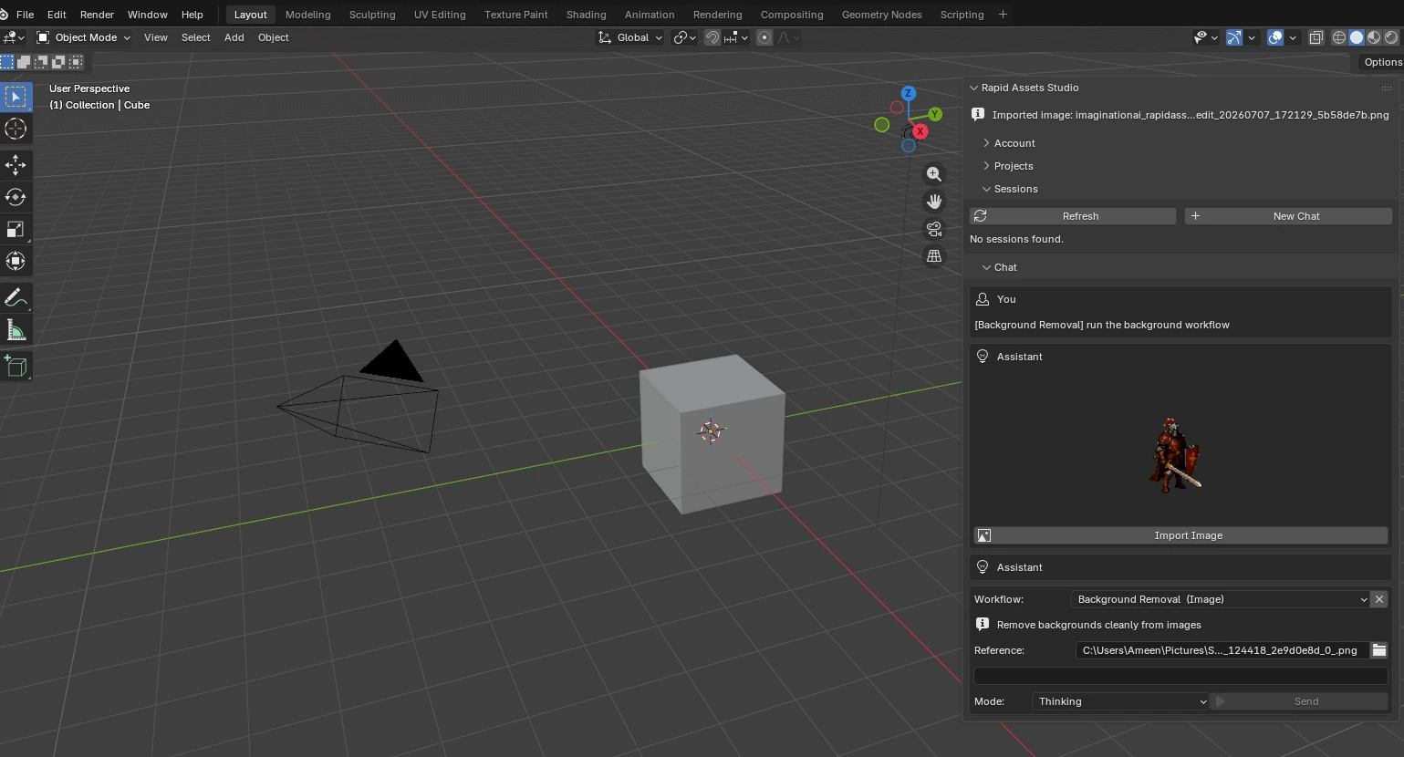 Rapid Assets Background Removal workflow inside Blender with character background stripped to a clean transparent cut-out