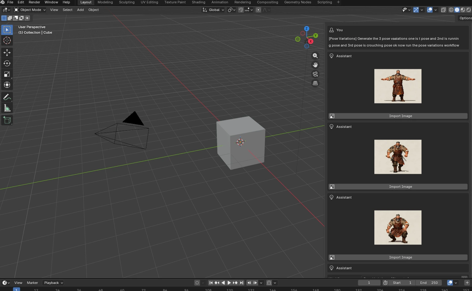 Rapid Assets Pose Variations workflow inside Blender showing the same dwarf warrior character in T-pose, running pose, and crouching pose