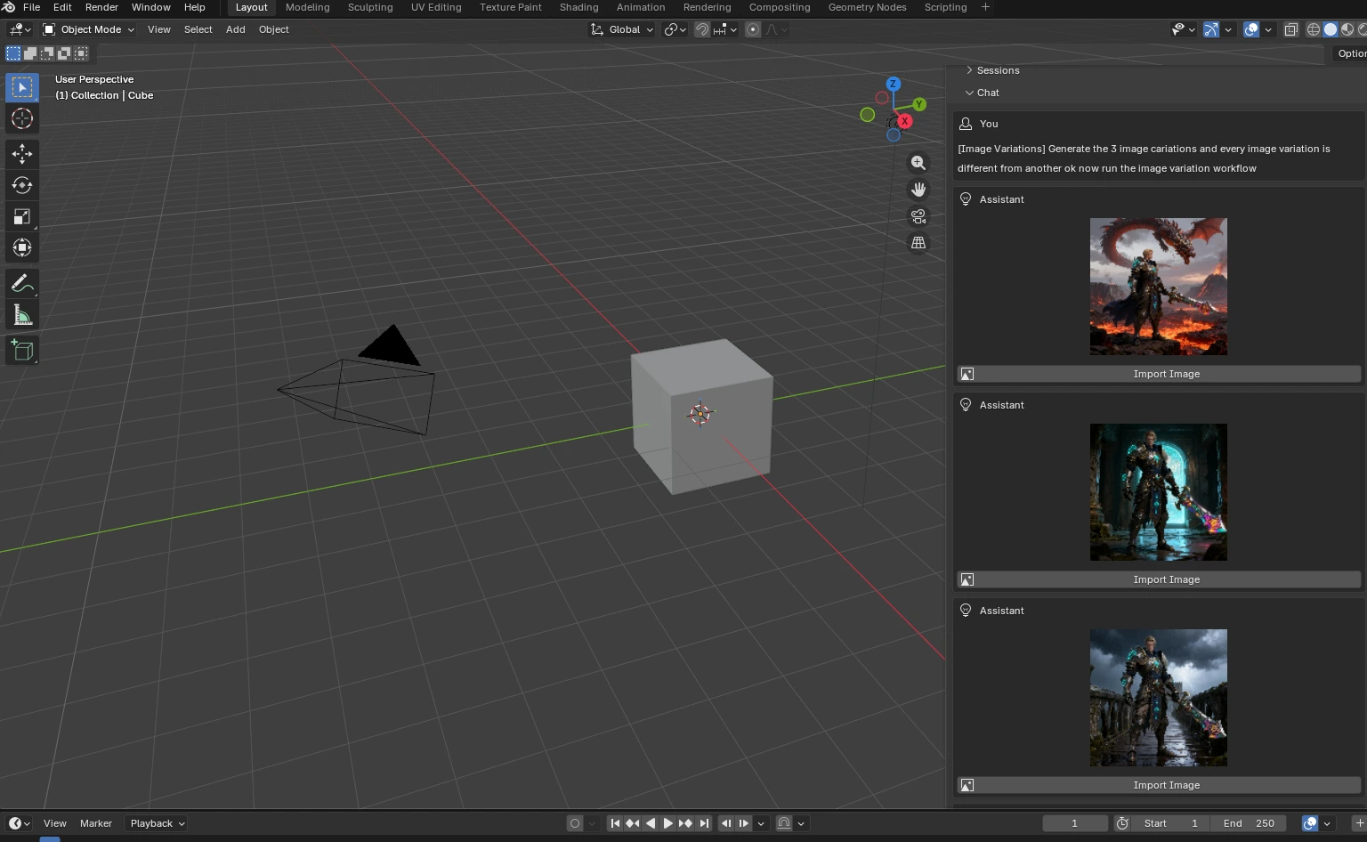 Rapid Assets Image Variations workflow inside Blender with three stylistically different variations of a warrior character generated from one source