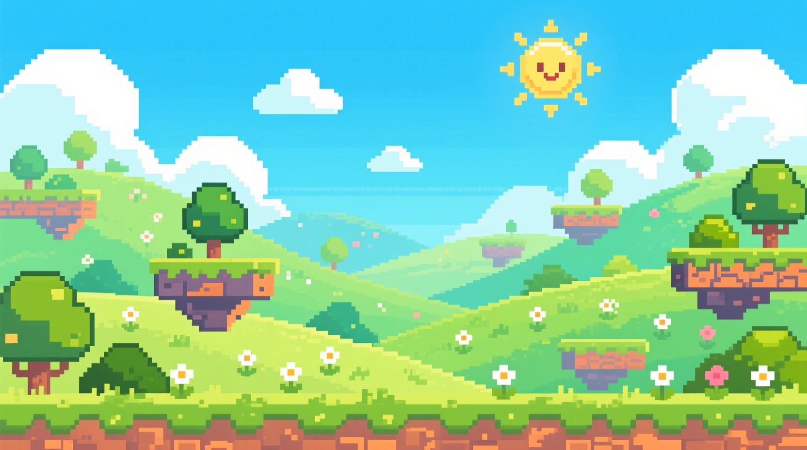 Pixel art rolling hills level — same consistent pixel art style