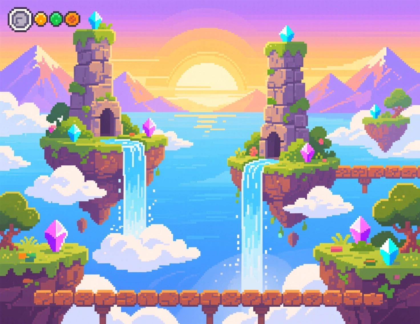 Pixel art floating islands — same consistent pixel art style