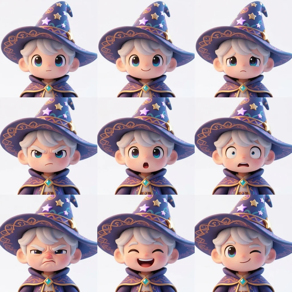 Chibi 3D wizard expression sheet — multiple emotions of the same character