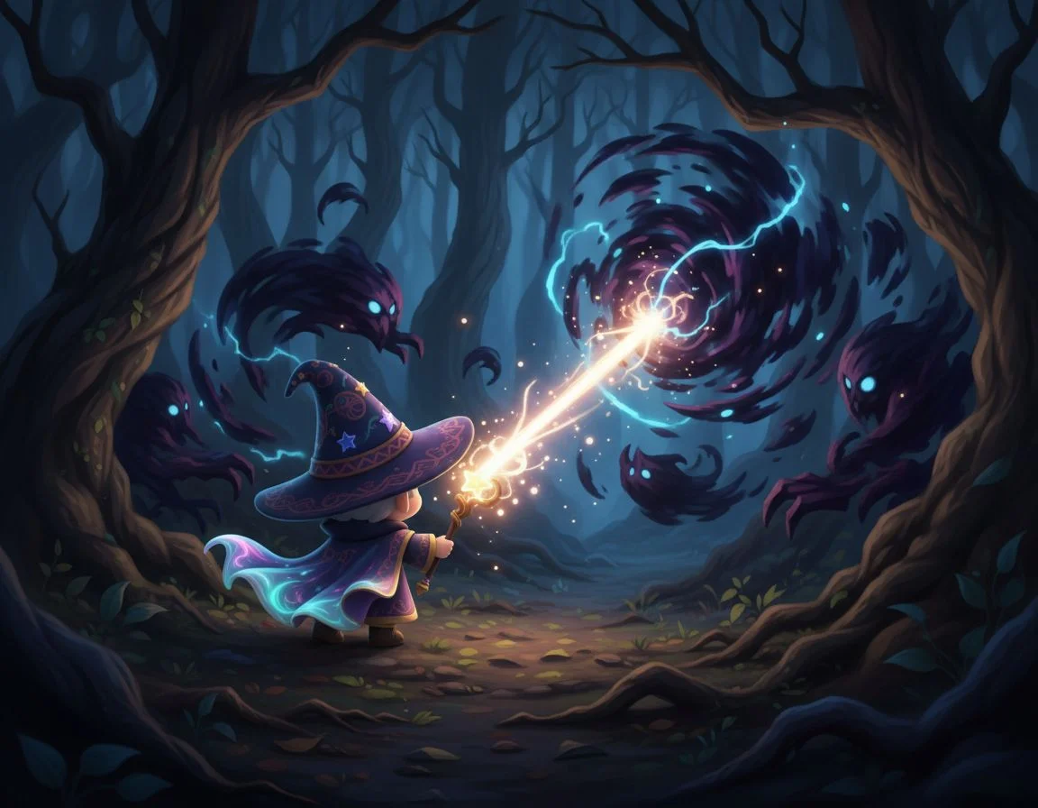 Same chibi wizard reused in a fight scene