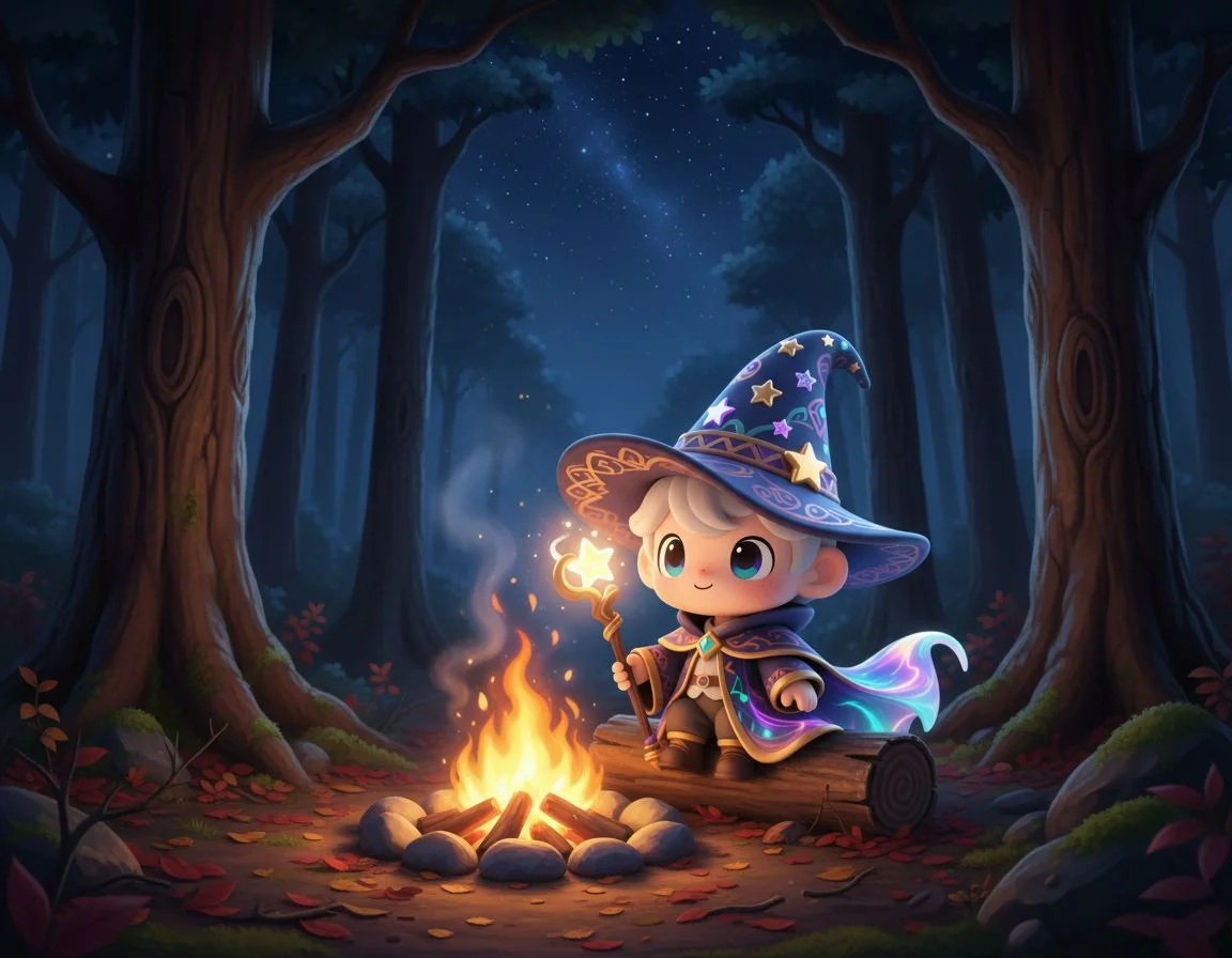Same chibi wizard reused in a forest scene