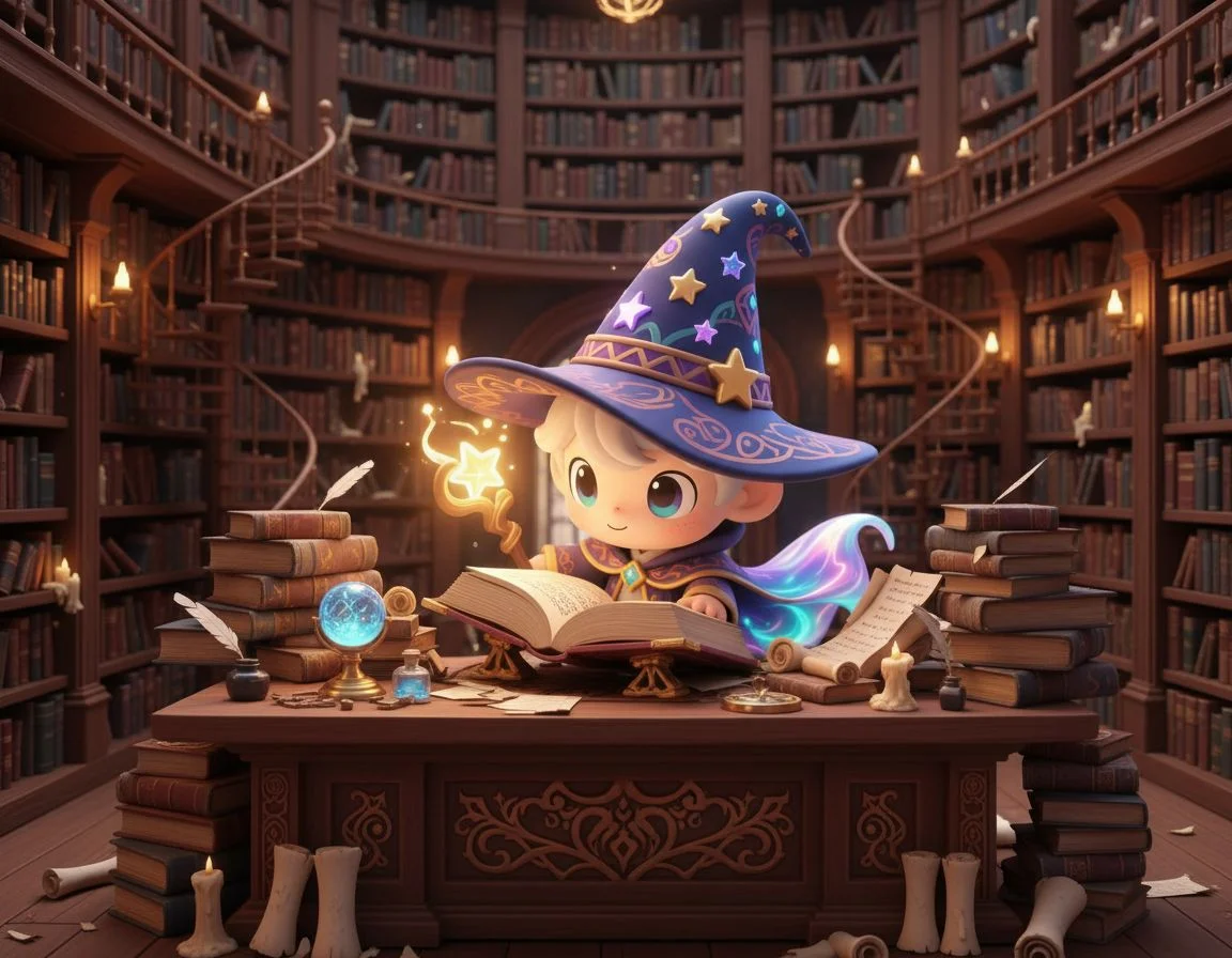 Same chibi wizard reused in a study scene