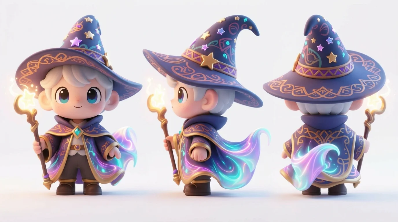 Chibi 3D wizard turnaround sheet — front, side and back of the same character