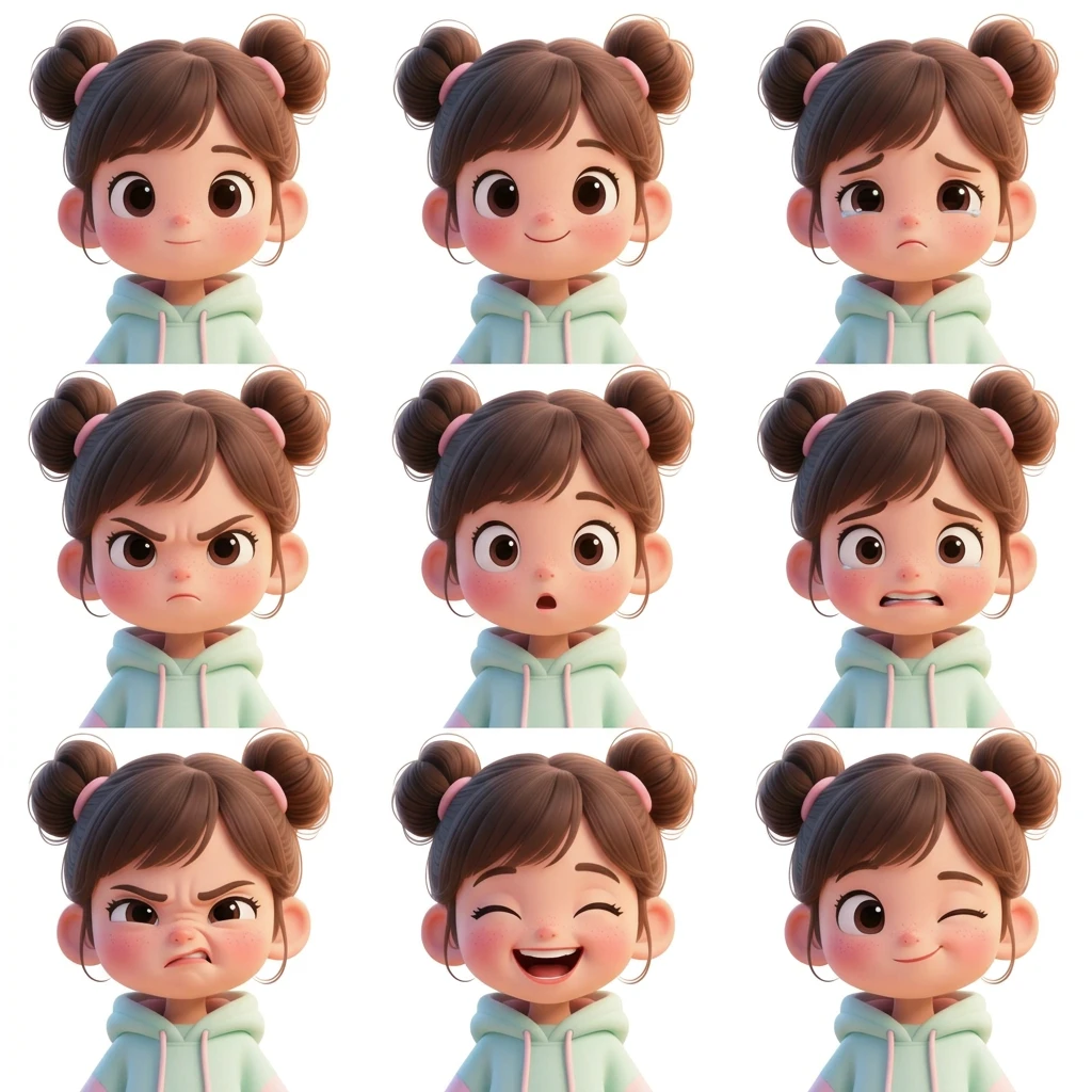 Chibi girl expression sheet — multiple emotions of the same character