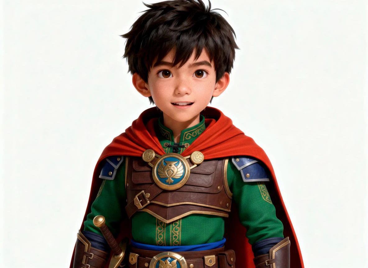 Consistent young warrior character portrait with red cape