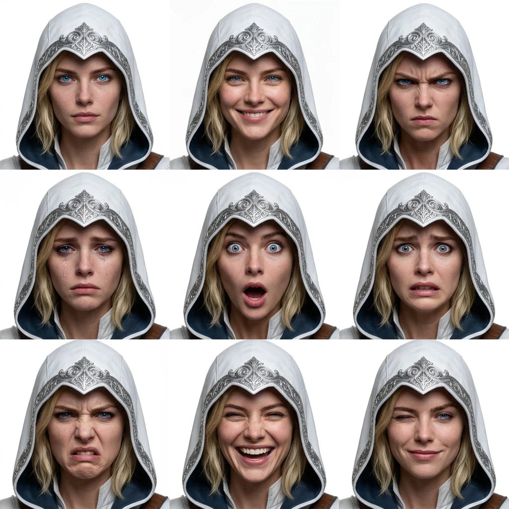 Hooded assassin heroine expression sheet — 9 emotions
