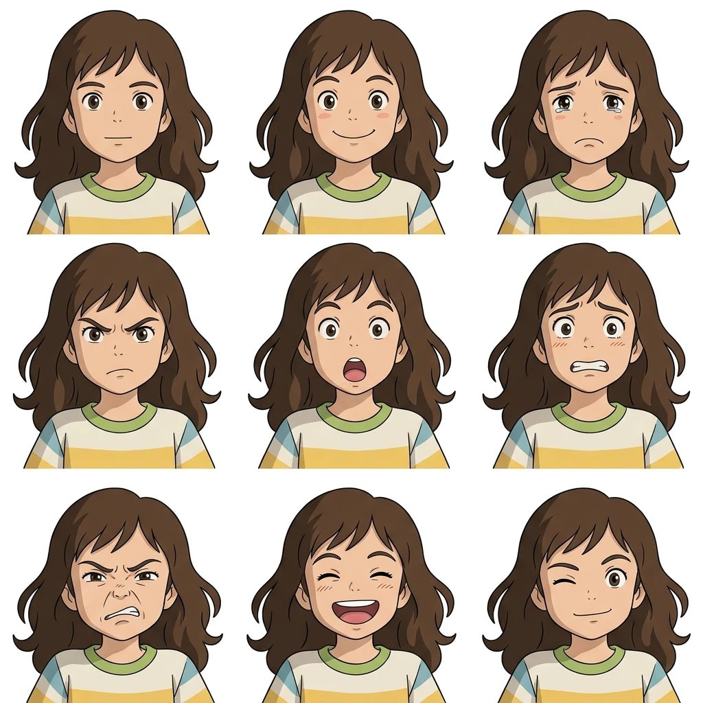 Cartoon girl expression sheet — 9 emotions