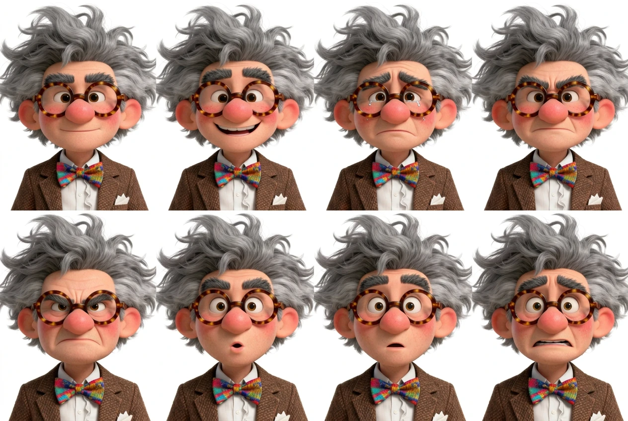 Cartoon professor expression sheet — 8 emotions