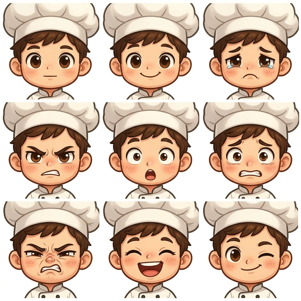 Chibi chef expression sheet — 9 emotions