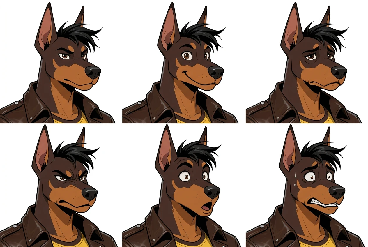 Anthropomorphic expression sheet showing a cartoon doberman character in a leather jacket with 6 distinct facial expressions