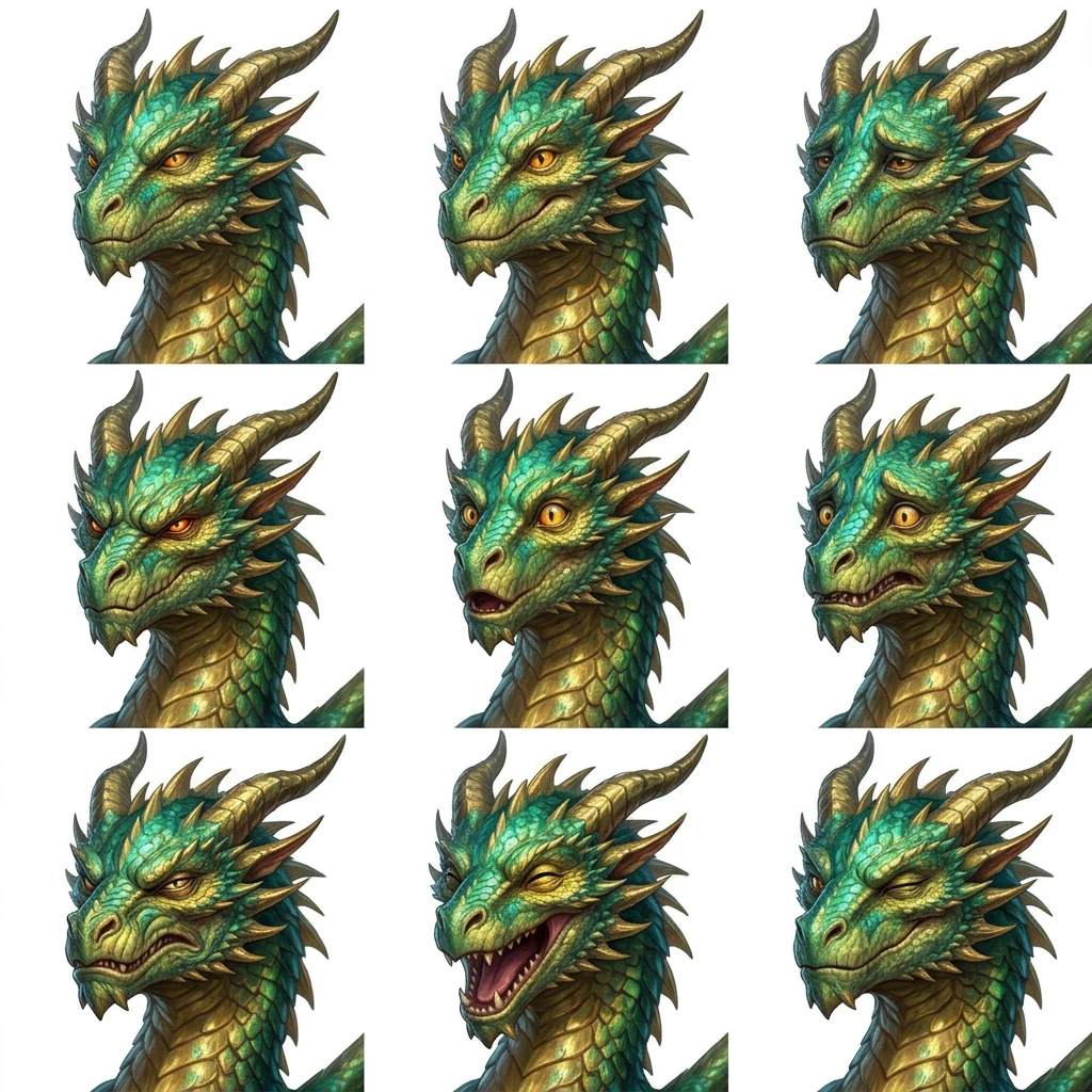 Dragon creature facial expression sheet with 9 different expressions including angry, curious, surprised and more