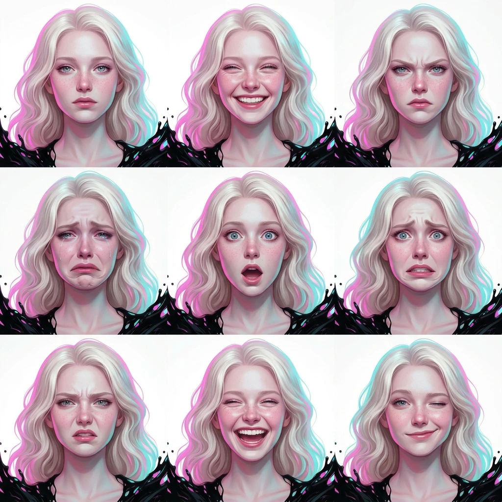 Character facial expression sheet showing a fantasy heroine with 9 emotions — happy, sad, angry, surprised, fearful and more
