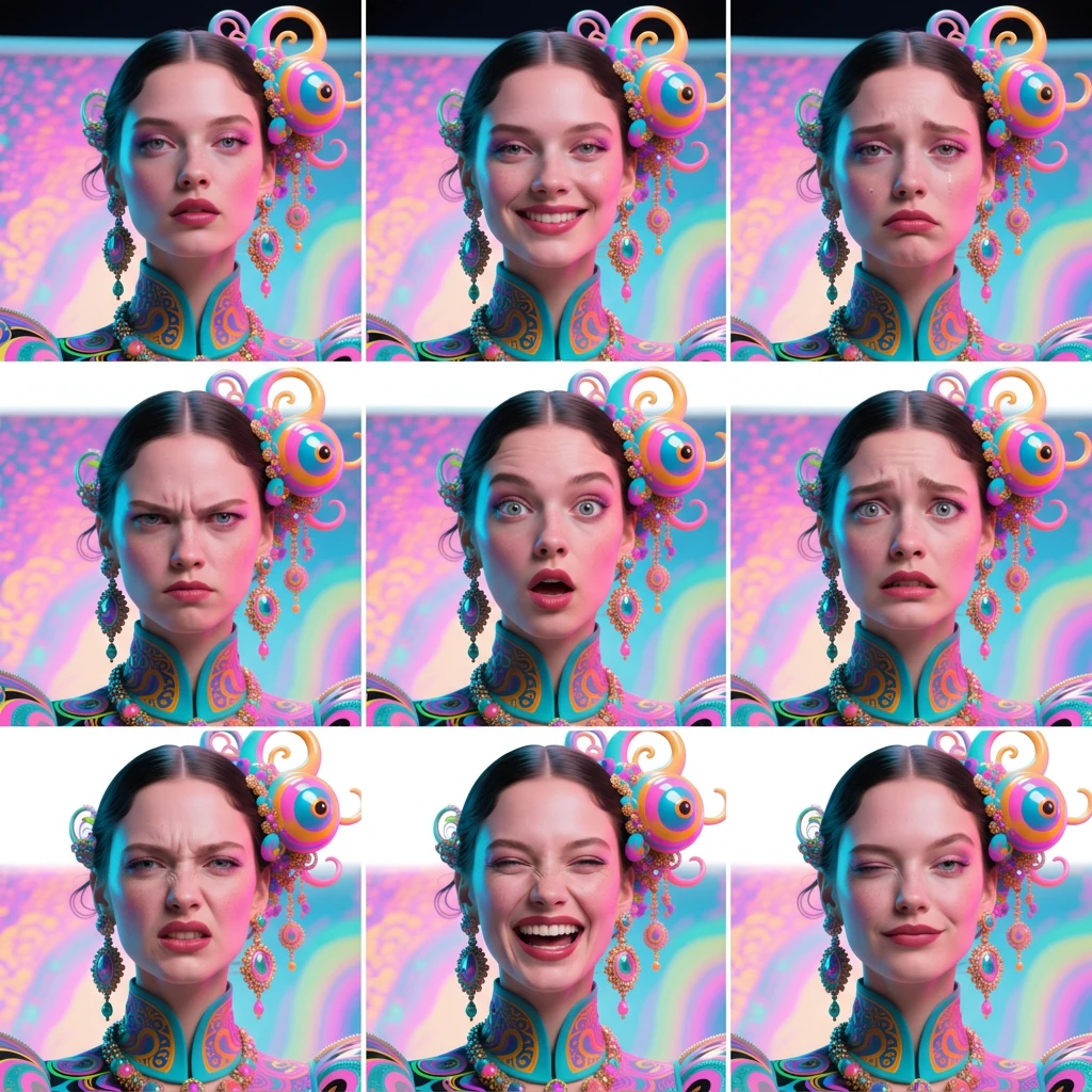 Colorful fantasy woman expression sheet — 9 emotions