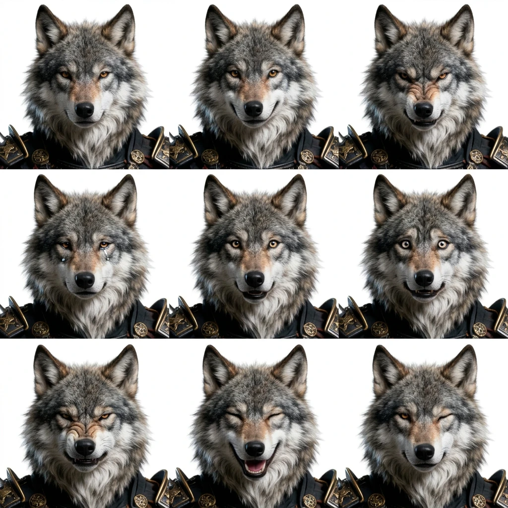 Grey wolf samurai animal expression sheet — 9 emotions