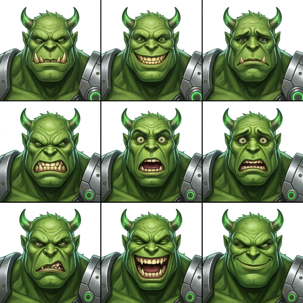 Orc villain expression sheet — 9 emotions