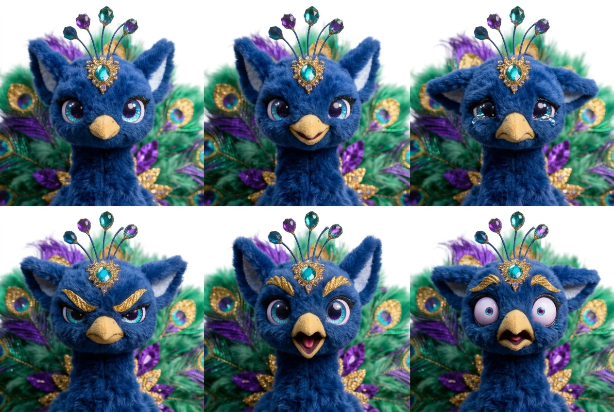 Peacock fantasy creature expression sheet — 6 emotions