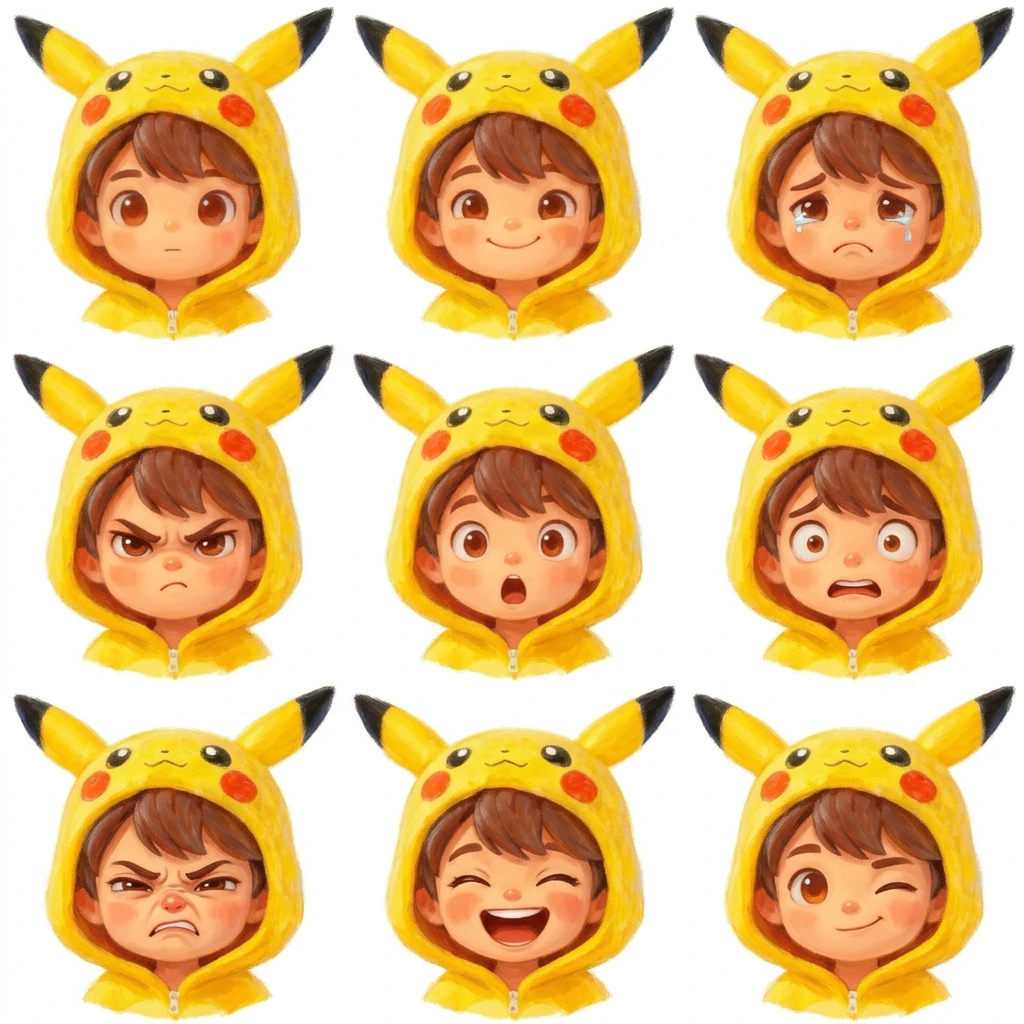 Boy in Pikachu hoodie expression sheet — 9 emotions