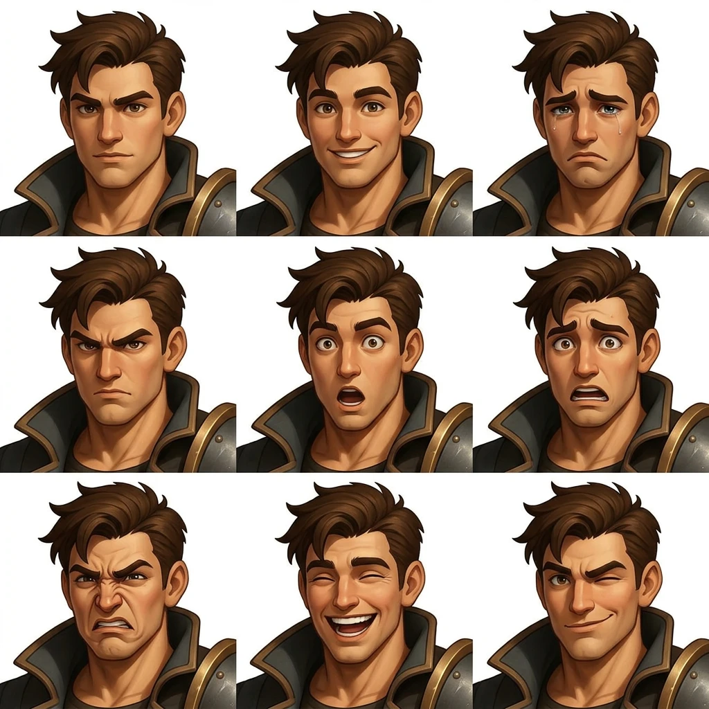 RPG warrior character expression sheet with 9 emotions — production-ready facial expression reference