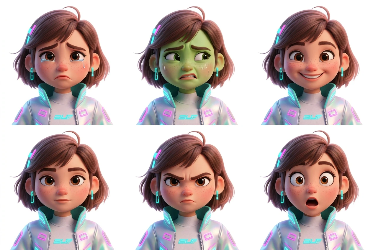 Sci-fi girl character expression sheet — 6 emotions
