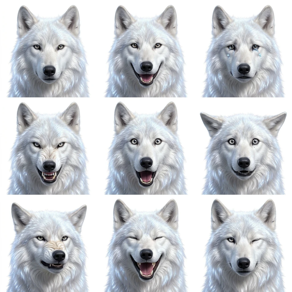 White wolf animal expression sheet — 9 emotions