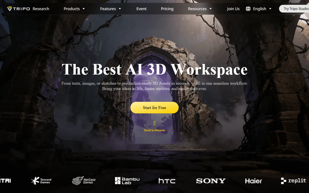 Tripo AI — game-optimized AI 3D model generator with clean topology and auto-rigging