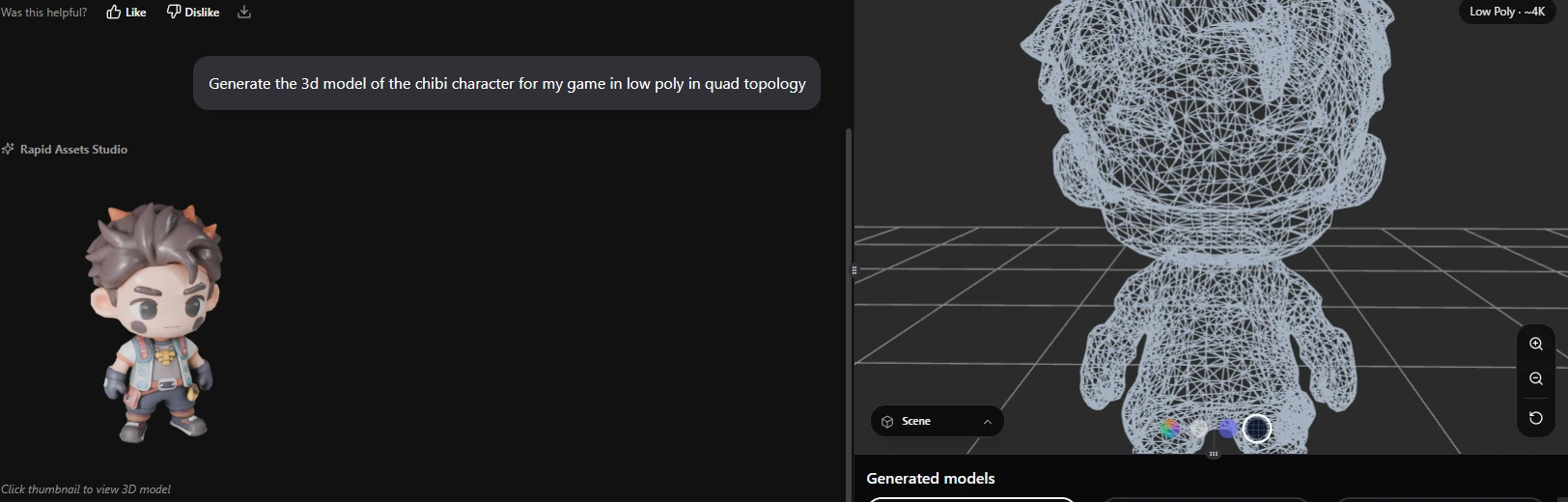 Chibi character from text prompt — wireframe topology