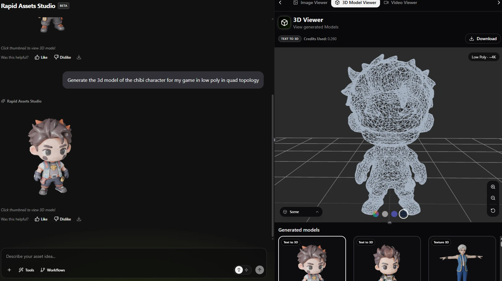 Rapid Assets studio showing quad topology generation — chibi character wireframe mesh, full studio view