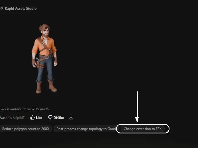 Rapid Assets Studio — 3D character model with Change extension to FBX post-process button highlighted
