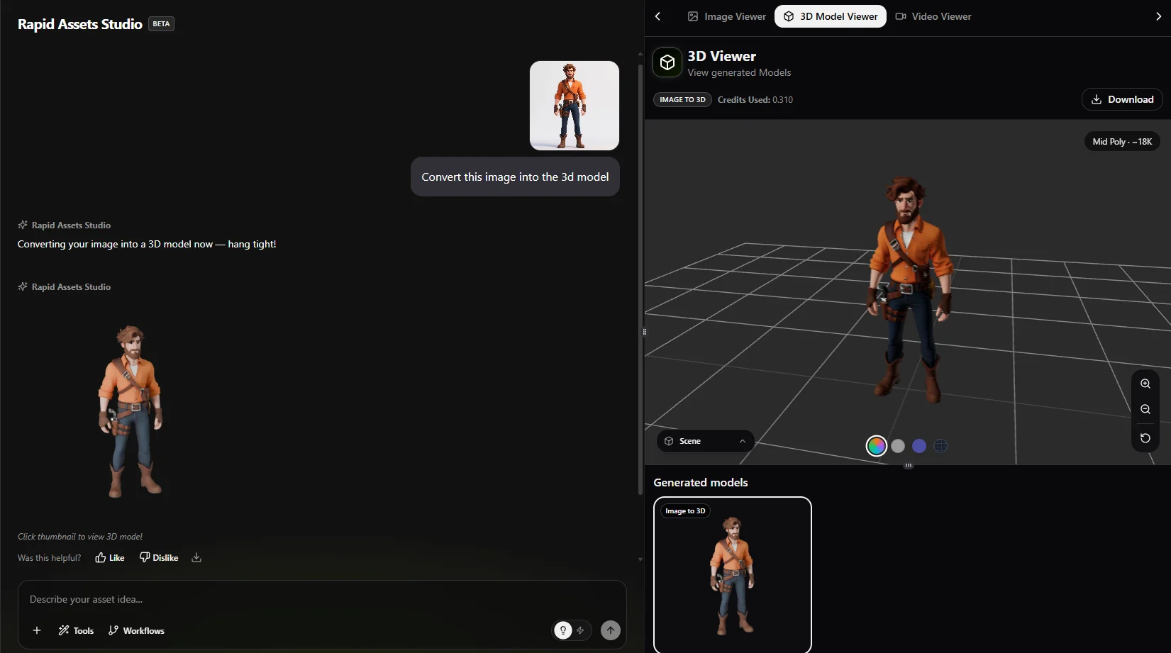 Rapid Assets Image to 3D — uploading a 2D character image and converting it to a textured 3D model in the 3D viewer