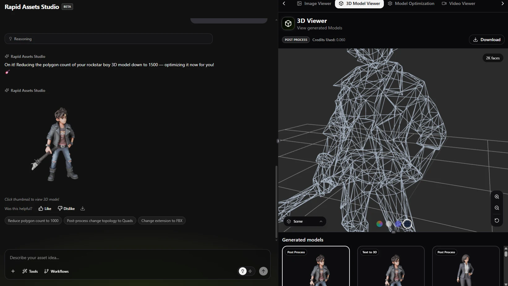 Triangular topology wireframe — manifold triangle mesh for real-time game rendering shown on a rockstar boy character reduced to 2K faces