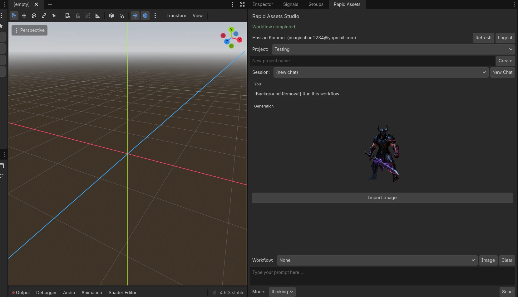 Rapid Assets Godot plugin showing background removal workflow: dark warrior cleanly cut out from its background with alpha channel preserved