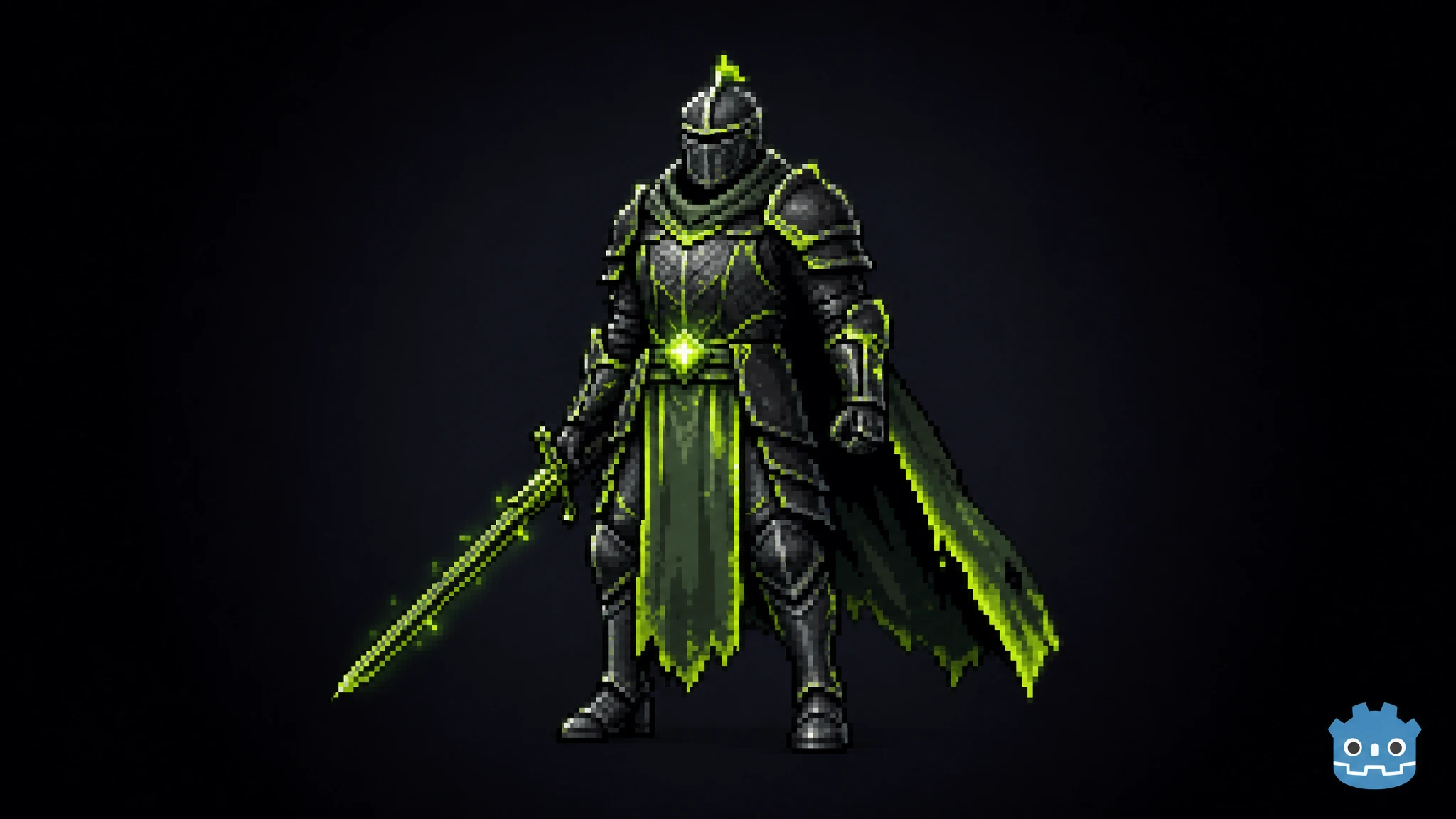 2D pixel art armored knight character with glowing green accents, representing the Rapid Assets Godot plugin