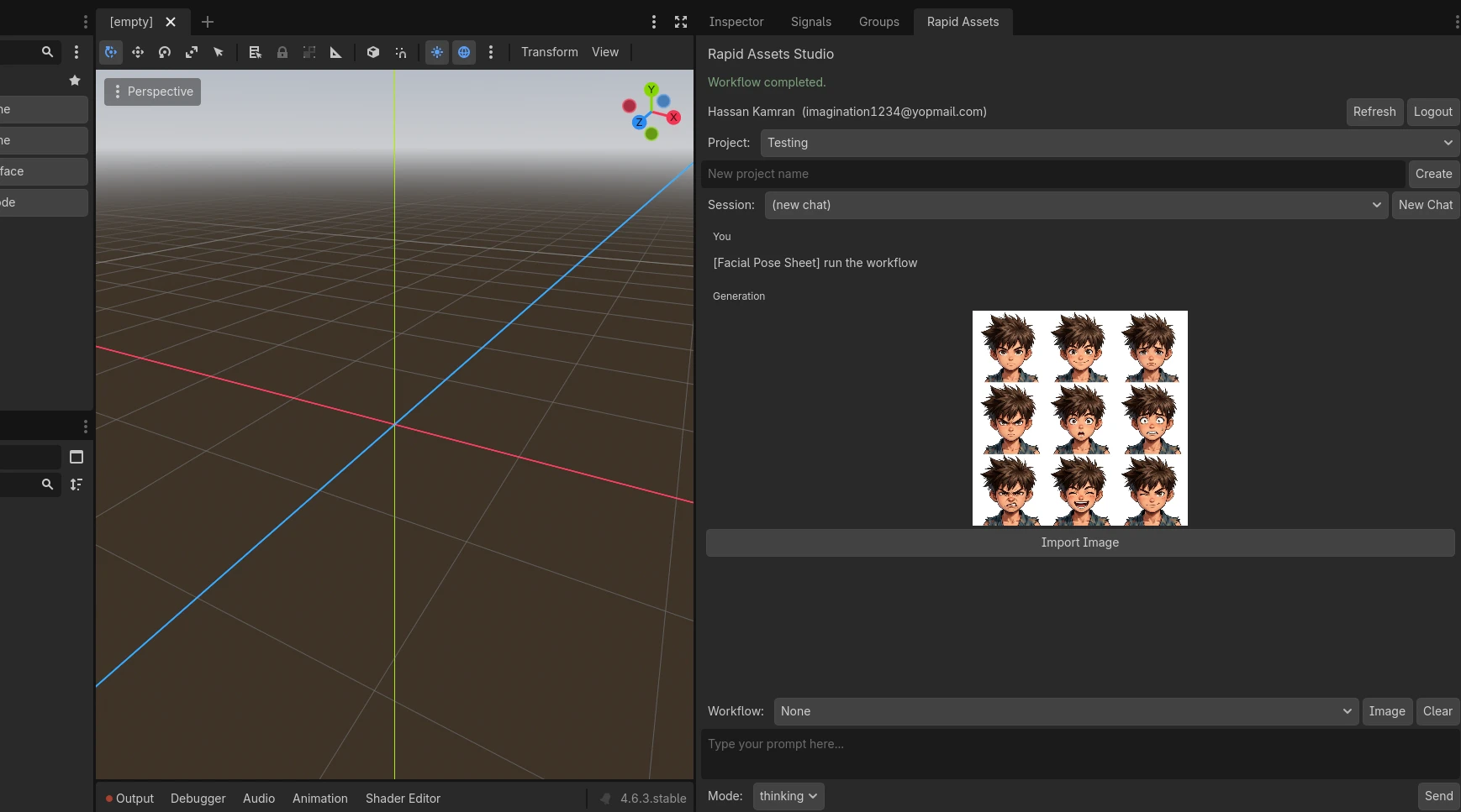 Rapid Assets Godot plugin showing facial pose sheet workflow: 9-expression grid for an anime boy character