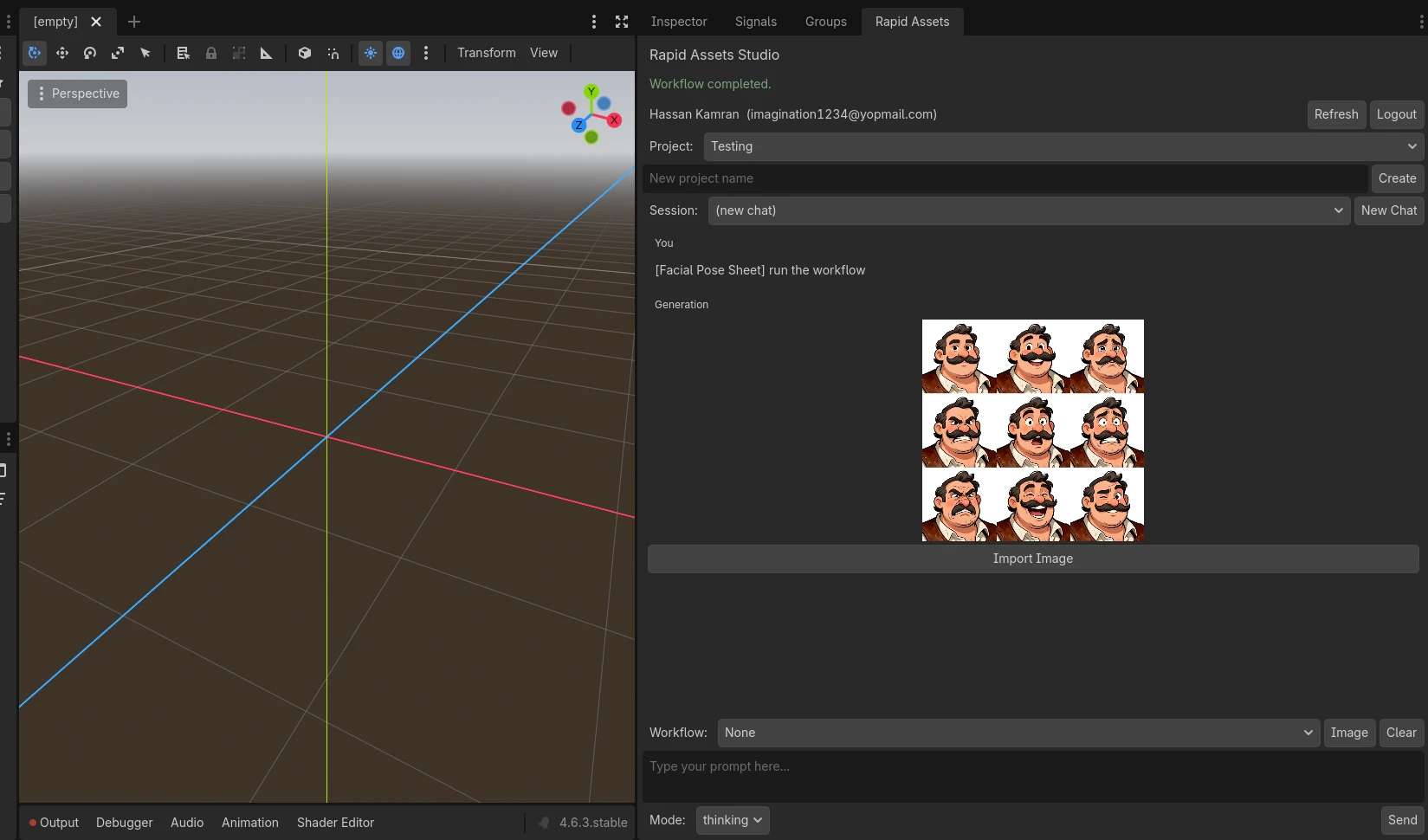 Rapid Assets Godot plugin showing facial pose sheet workflow: 9-expression grid for a mustachioed male character