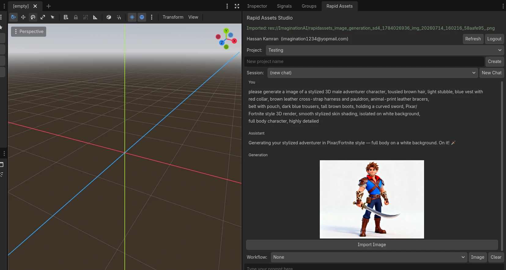 AI-generated stylized 3D male adventurer character, generated inside the Godot editor with Rapid Assets