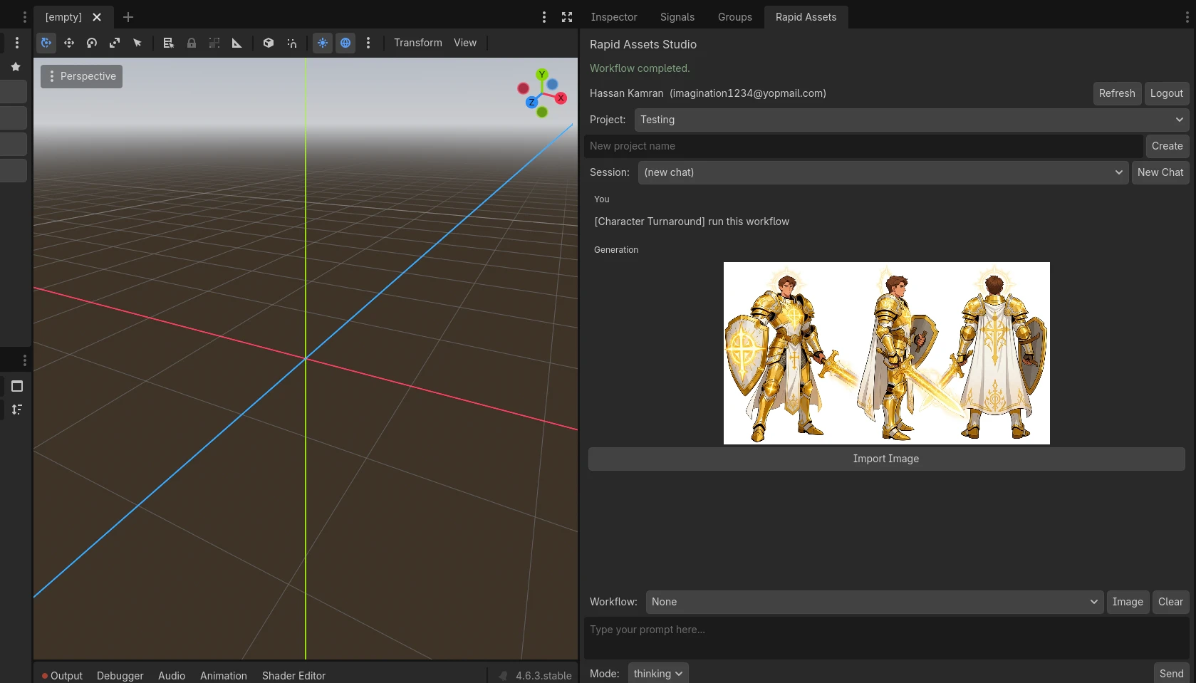 Rapid Assets Godot plugin showing character turnaround workflow: gold paladin in front, side and back views
