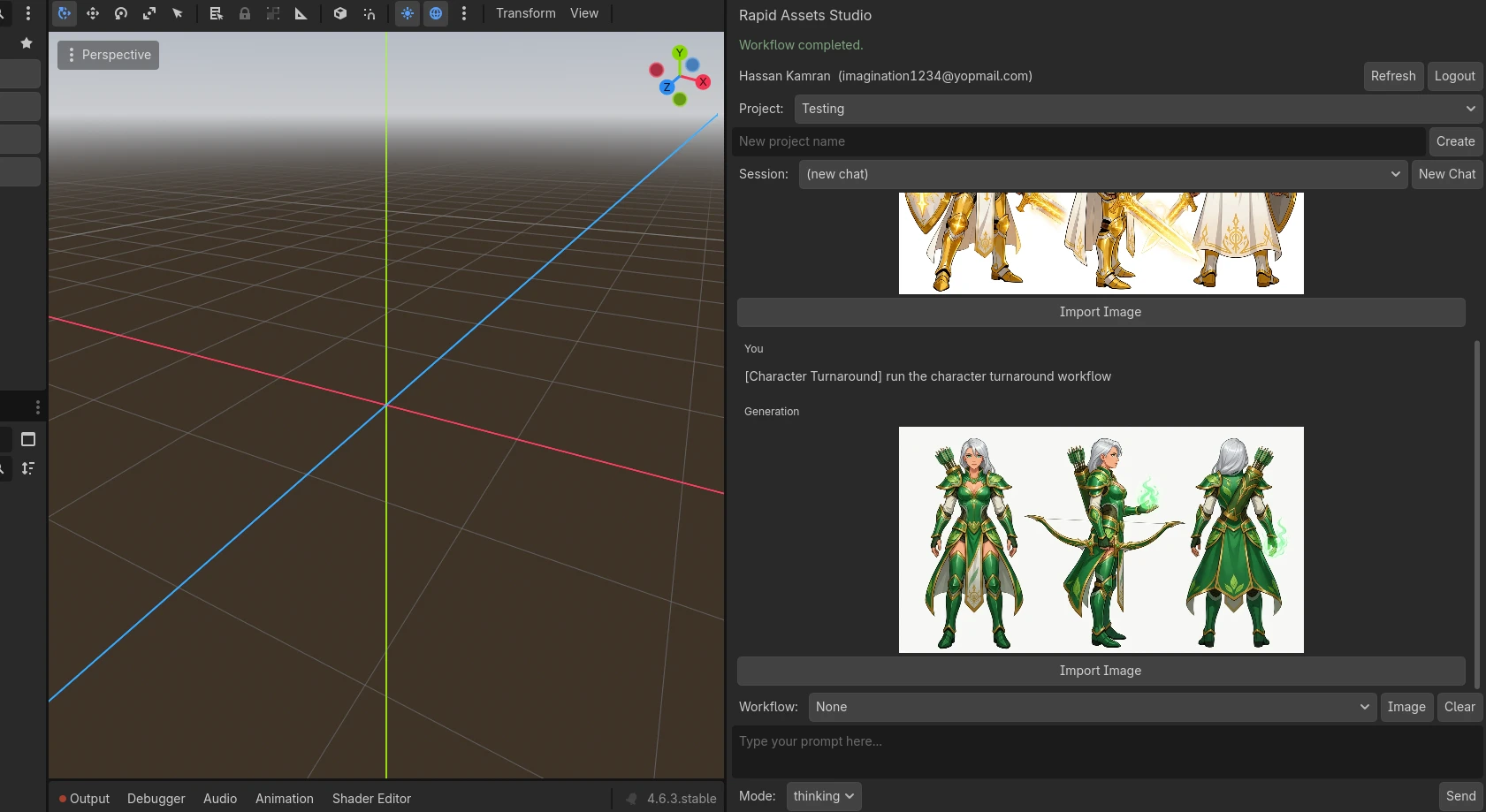 Rapid Assets Godot plugin showing character turnaround workflow: green elf archer in front, side and back views