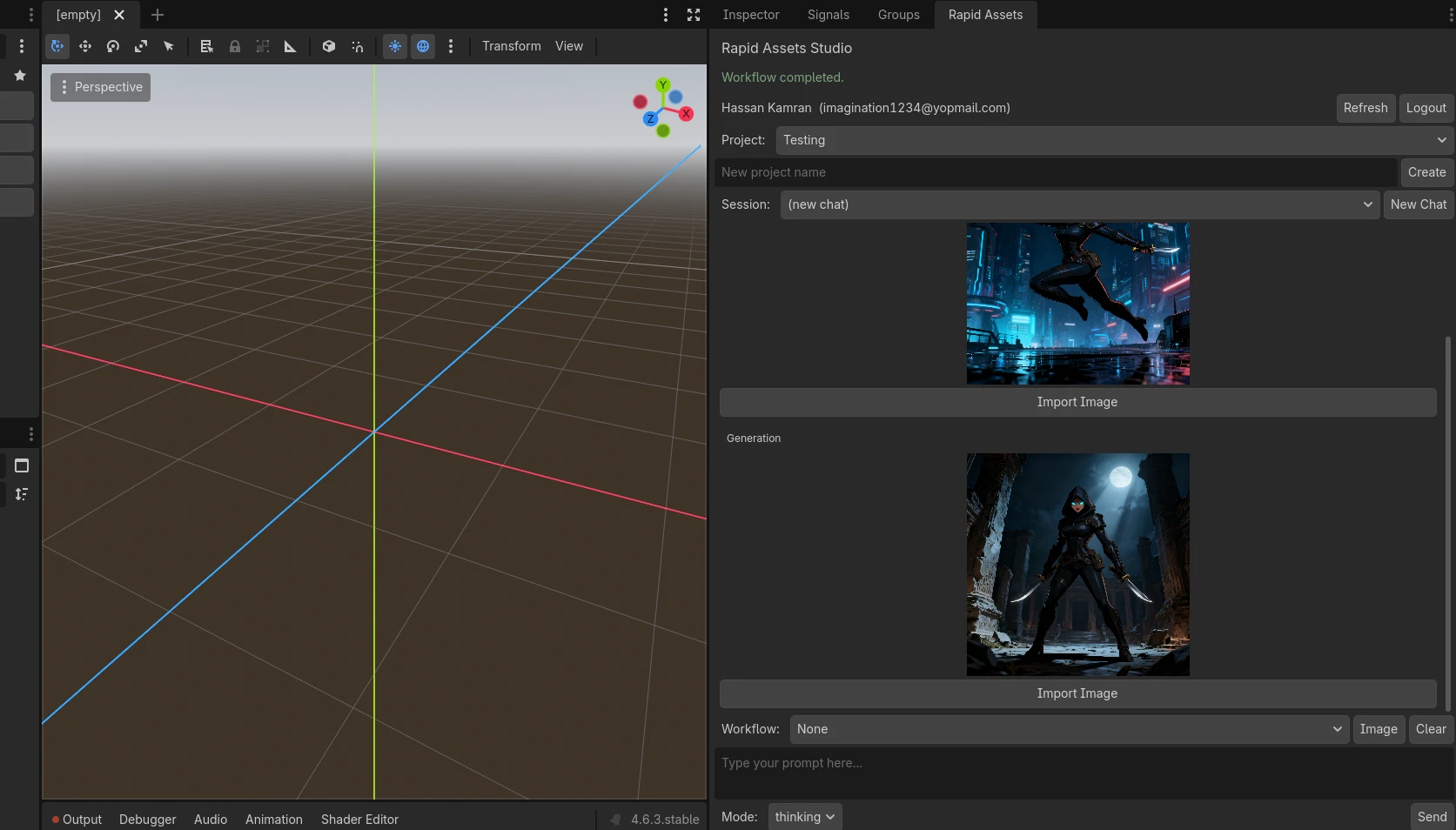 Rapid Assets Godot plugin showing image variation 2: same assassin character in a moonlit ruins environment