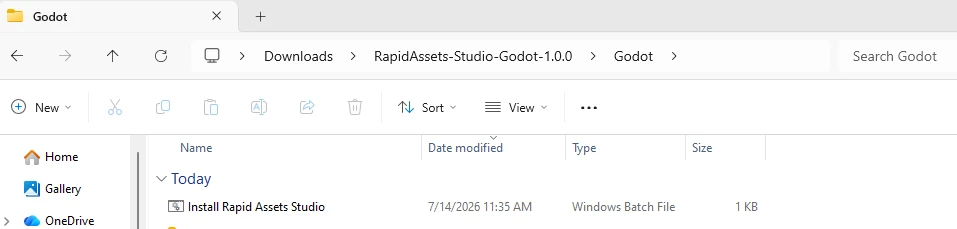 File Explorer showing Install Rapid Assets Studio batch file in the downloaded Godot folder