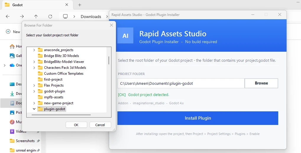 Browse For Folder dialog and Rapid Assets Godot installer showing project detected with Install Plugin button