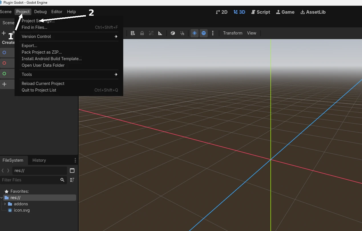 Godot Project menu showing Project Settings