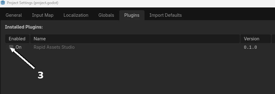 Enabling the Rapid Assets Studio plugin in Godot Project Settings