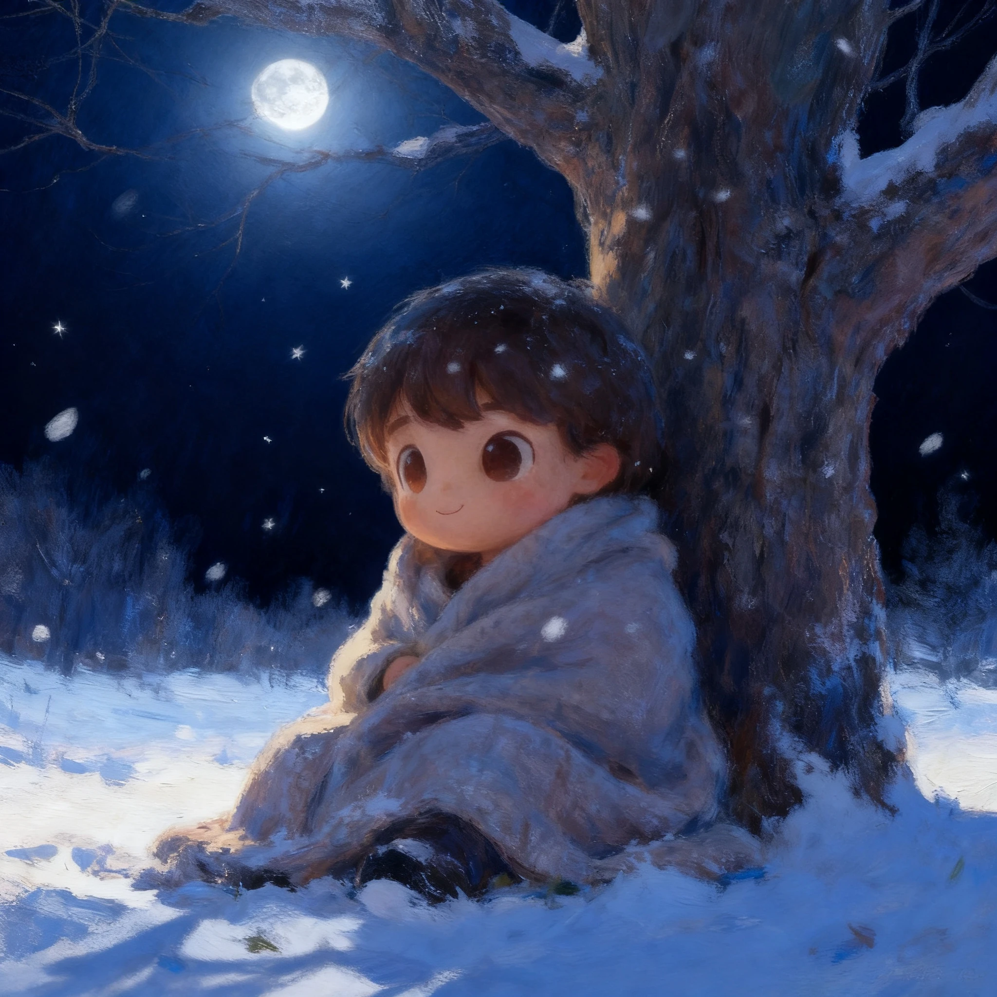 Snow boy scene time of day variation — moonlit night